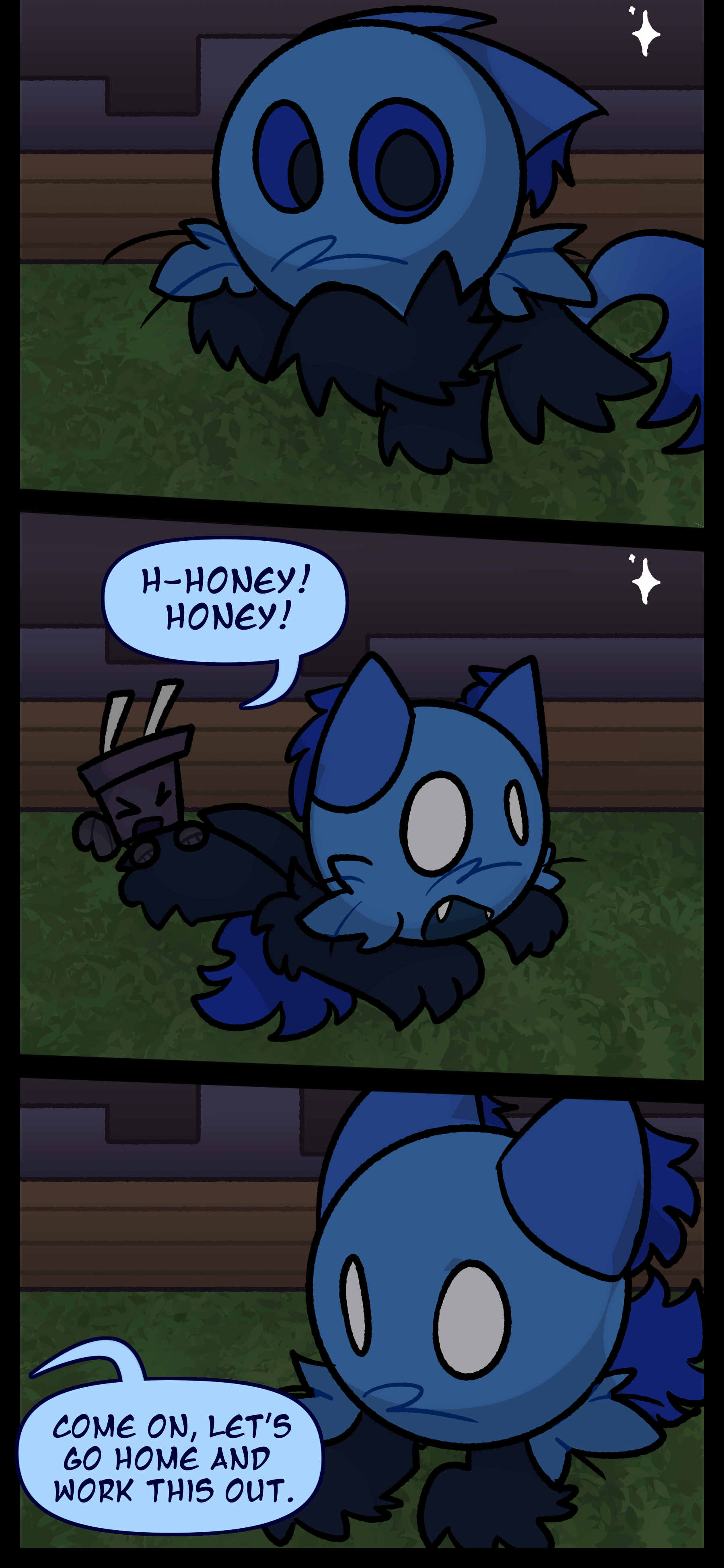 Blaire, panicked, runs away as Pepper shouts "Honey! Honey! Come on let's go home and assess."